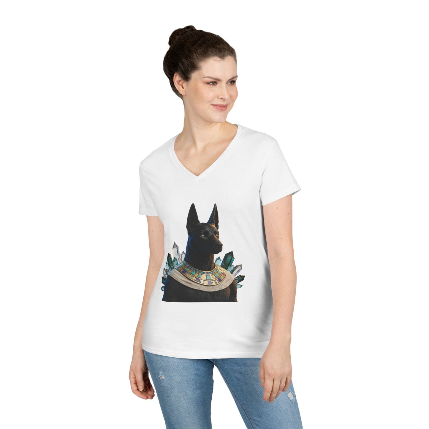 Anubis-Inspired Doberman V-Neck Tee — Egyptian Crystal Collar Women's Shirt