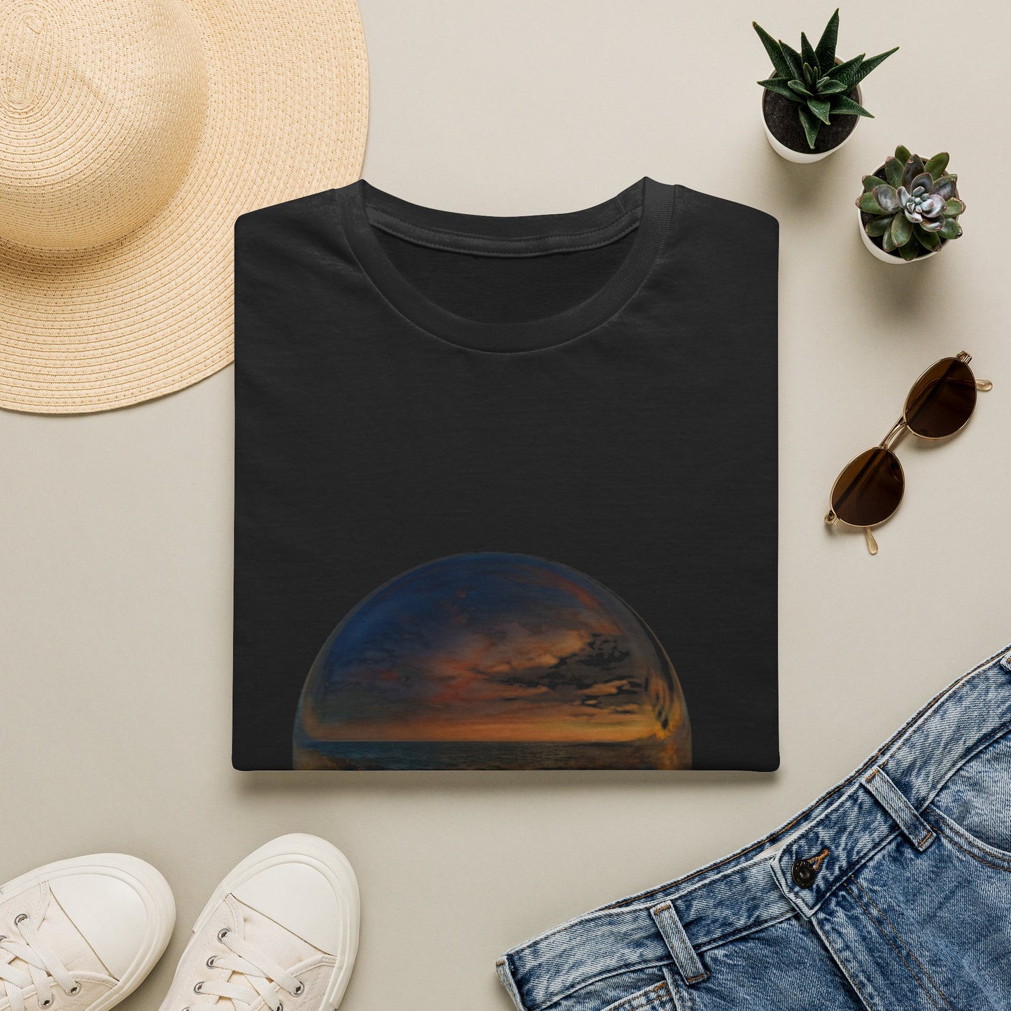 Sunset Crystal Ball T-Shirt — Serene Beach Reflection Tee
