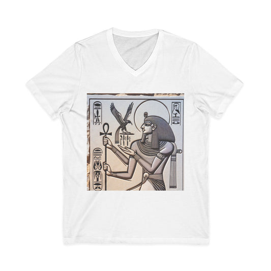Egyptian with Hawk Hieroglyph Unisex Jersey Short Sleeve V-Neck Tee