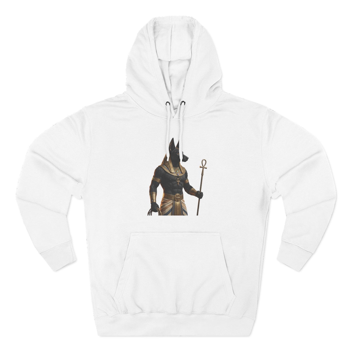 Anubis Clutching Staff Hoodie — Egyptian Mythology Fleece Pullover