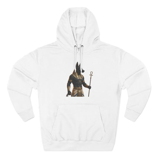 Anubis Clutching Staff Hoodie — Egyptian Mythology Fleece Pullover