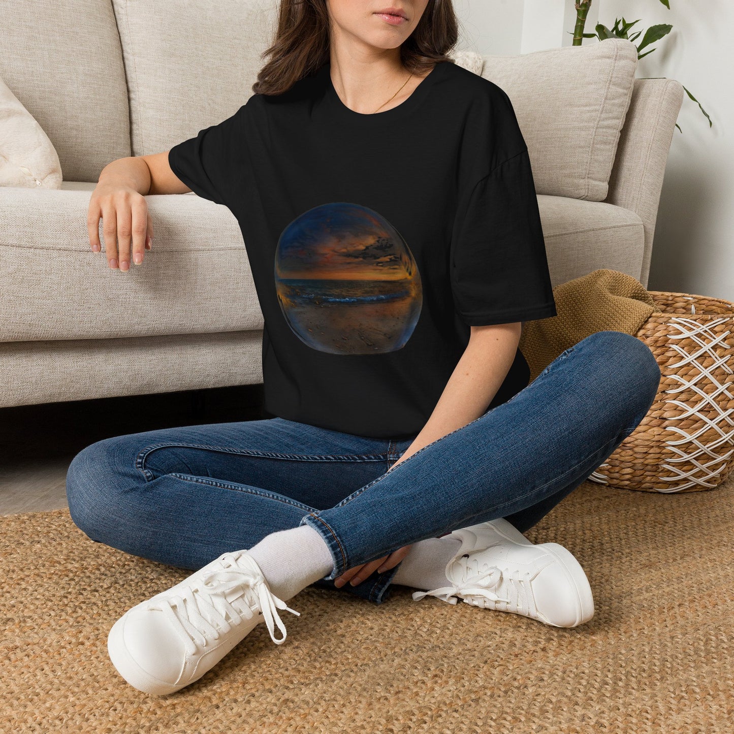 Sunset Crystal Ball T-Shirt — Serene Beach Reflection Tee