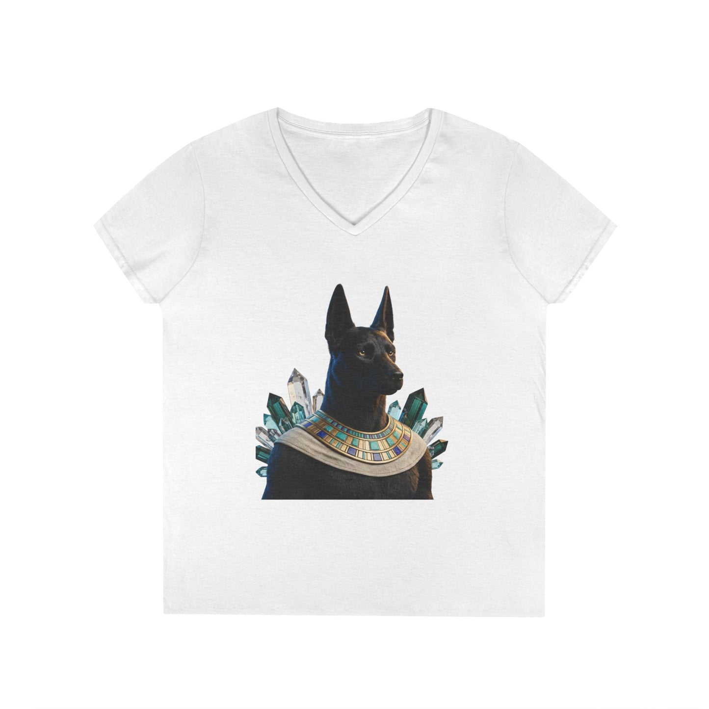 Anubis-Inspired Doberman V-Neck Tee — Egyptian Crystal Collar Women's Shirt