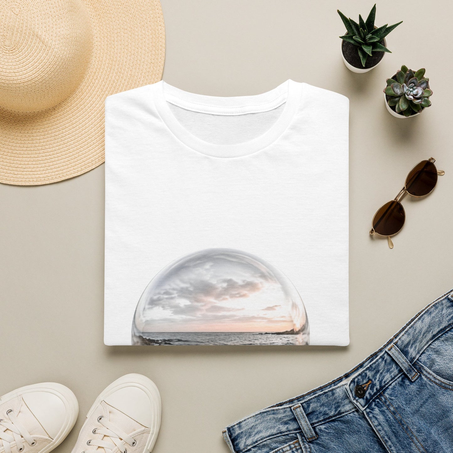 Sunset Crystal Ball T-Shirt — Serene Beach Reflection Tee