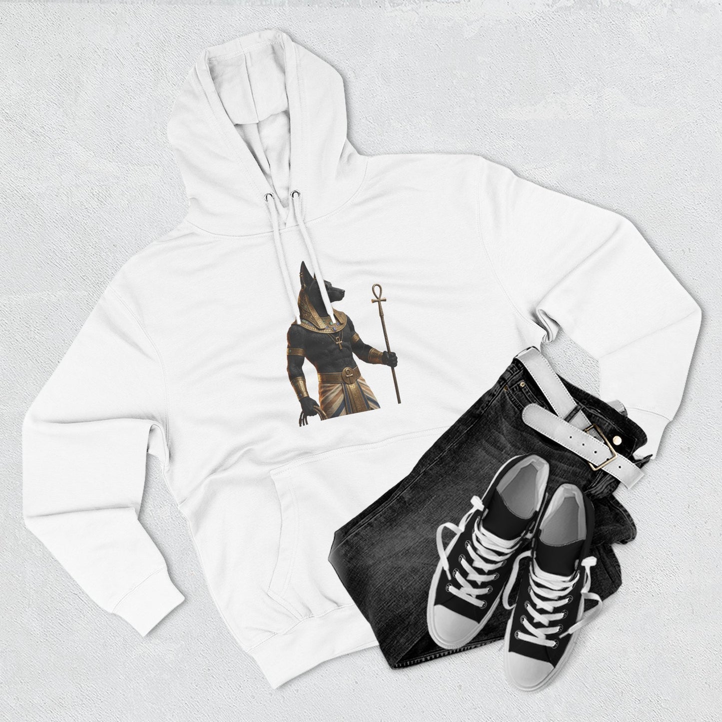 Anubis Clutching Staff Hoodie — Egyptian Mythology Fleece Pullover