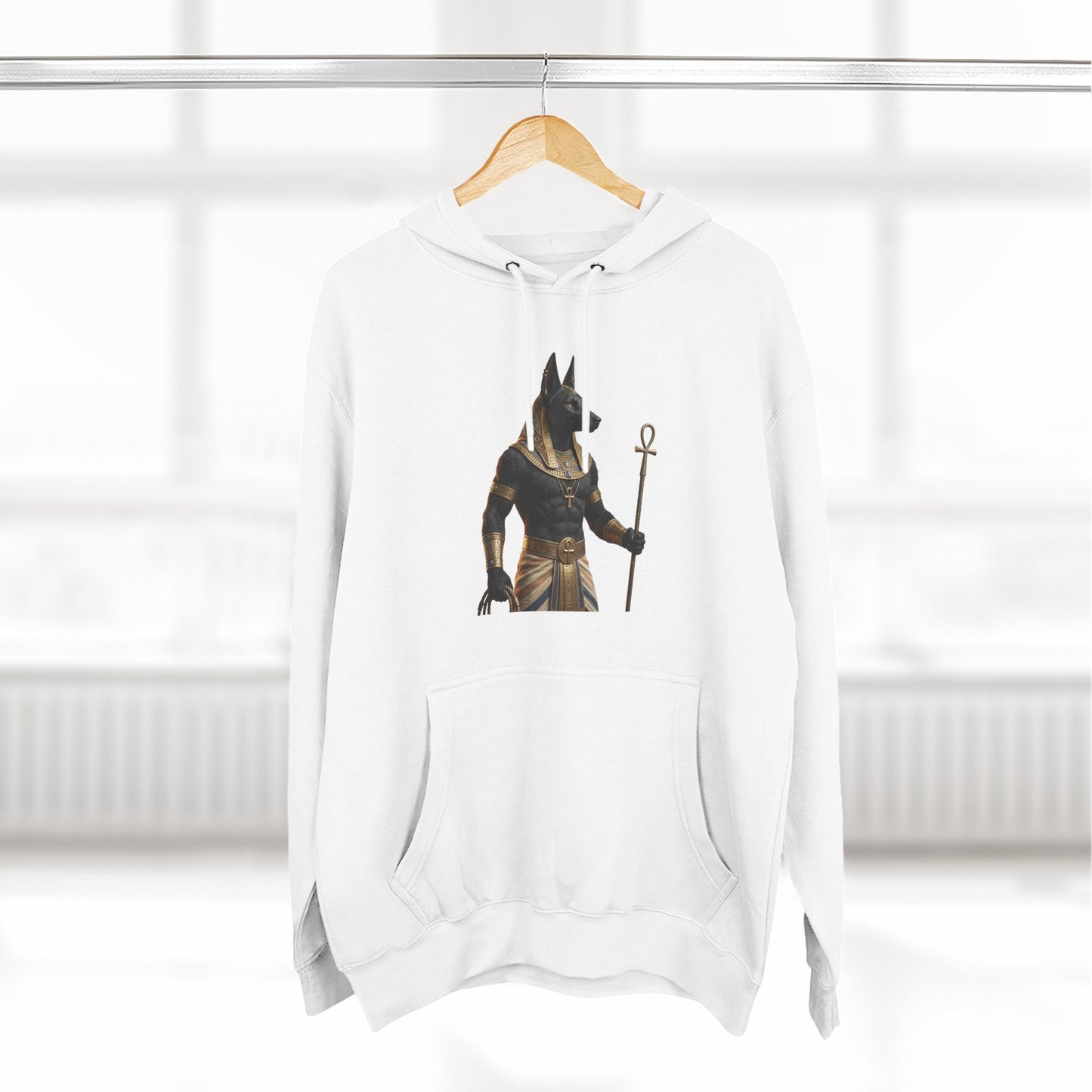 Anubis Clutching Staff Hoodie — Egyptian Mythology Fleece Pullover