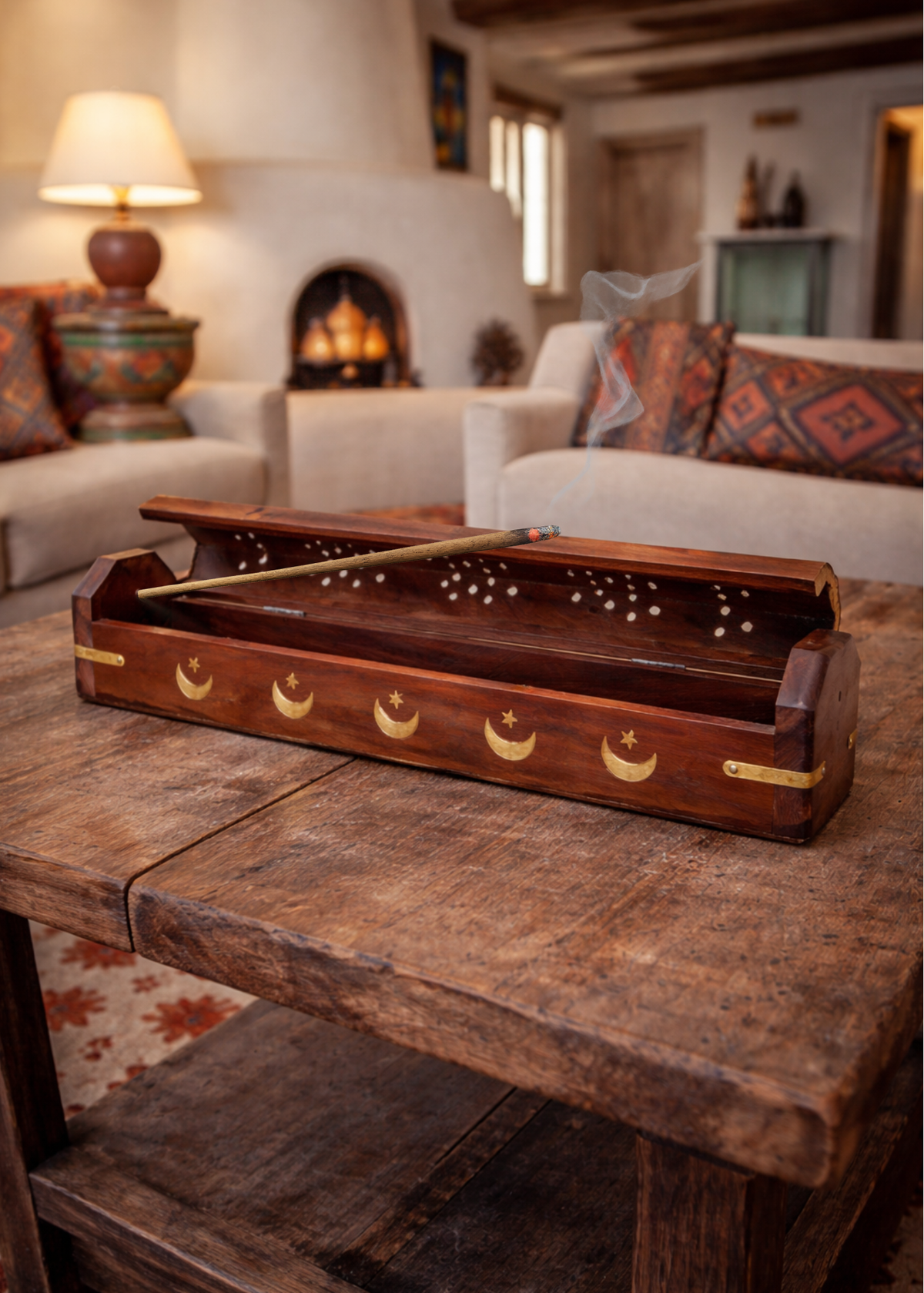 Brass Inlay Moon & stars Coffin Incense Burner
